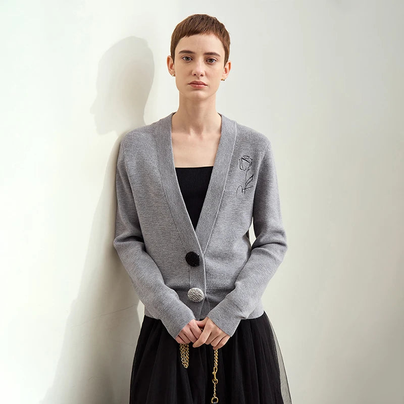 Damen-Strickjacke V-Ausschnitt Stickerei locker Langarm Herbst