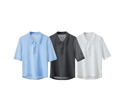 Damen-Sommerpullover im Polo-Stil, kurzarm, Knopfleiste: hellblau, dunkelgrau, weiß