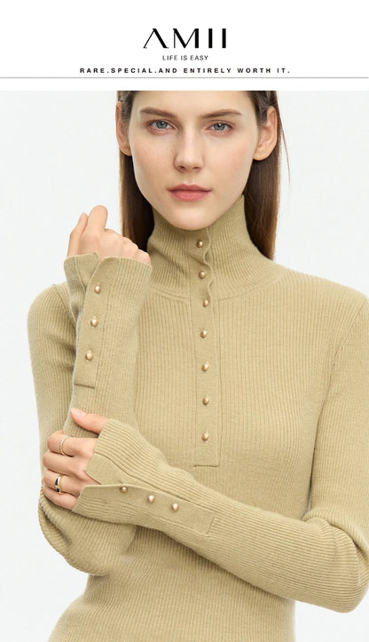 Damen-Strickjacke Rollkragen Knopfleiste Slim halboffene Front Herbst
