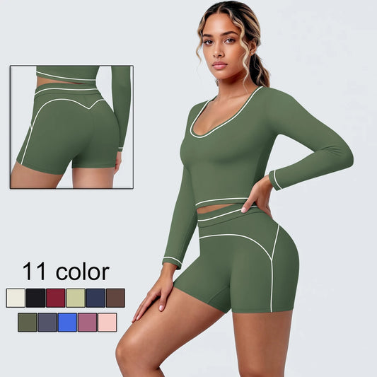 Yoga-Set Mossgrün: langarmiges Crop-Top und Shorts mit Kontrastkanten