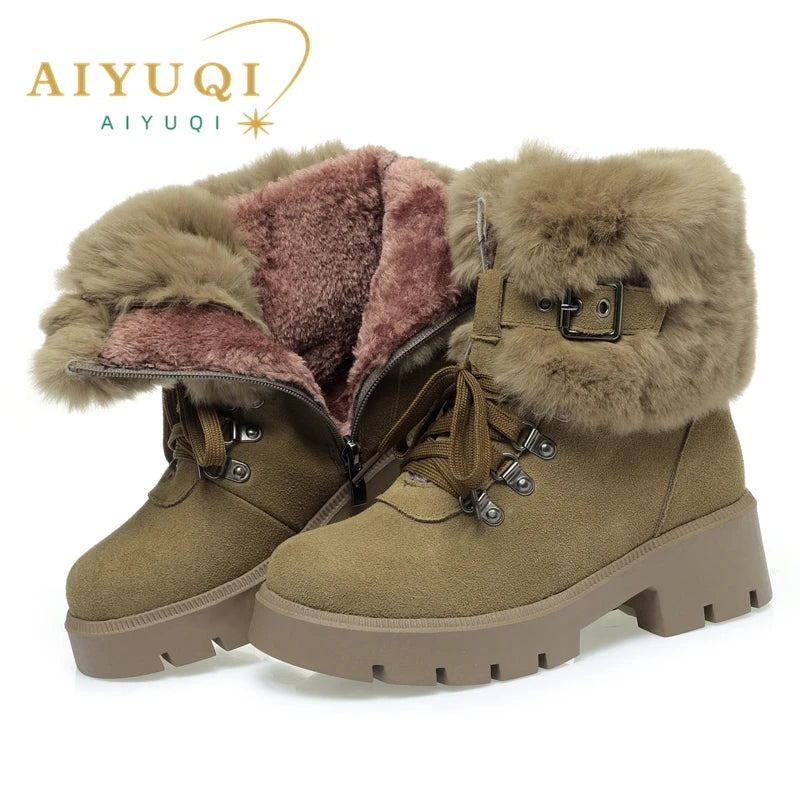 AIYUQI Women Snow Boots Platform New Rabbit Female Winter Boots Fashion Large Size Non-slip Genuine Leather Women Ankle Boots
