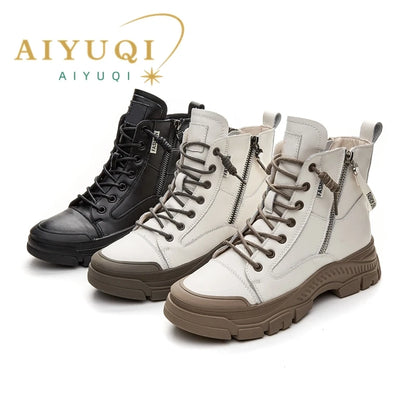 Schnür-Stiefeletten, rundes Leder-Design mit seitlichem Reißverschluss, flache Sohle, schwarz/weiß