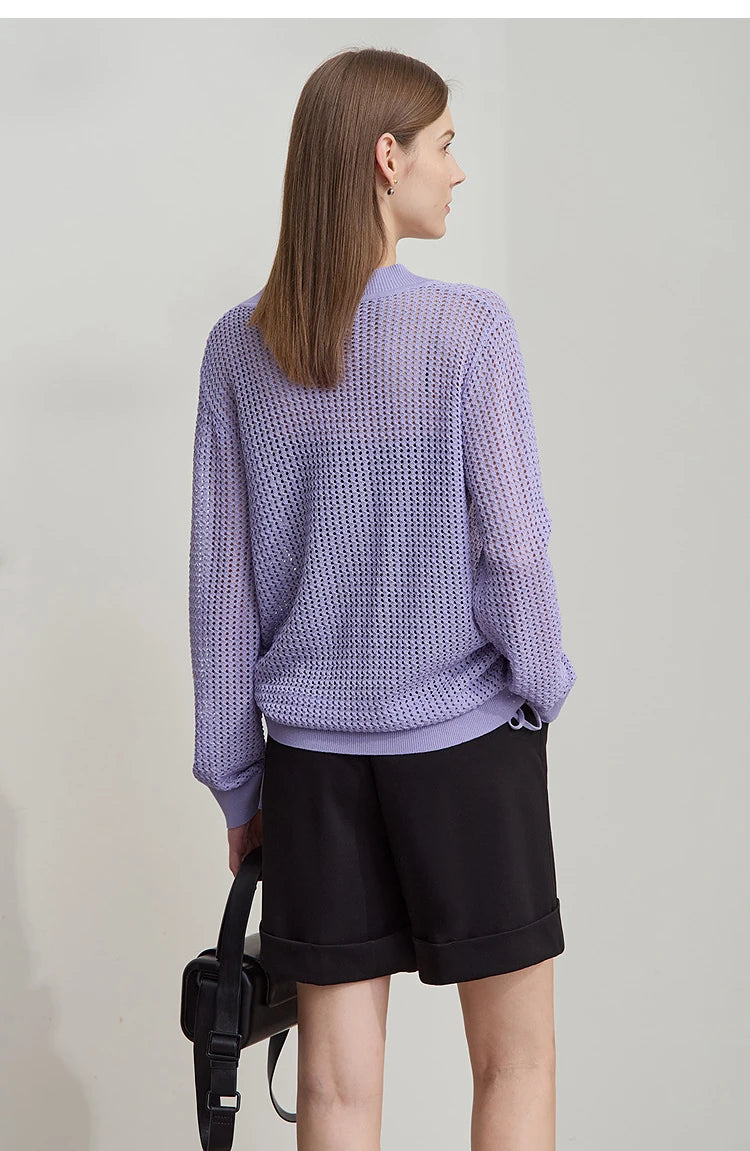 Damen-Strickpullover mit offenen Maschen, Rückenansicht, lange Ärmel, lila
