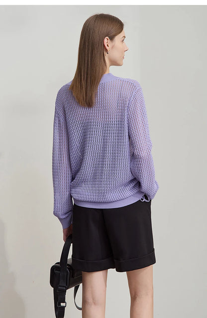 Damen-Strickpullover mit offenen Maschen, Rückenansicht, lange Ärmel, lila