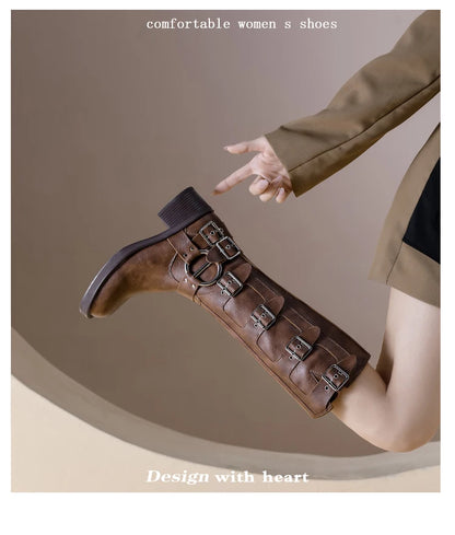 AIYUQI Women Cowboy Boots 2025 Autumn New Belt Buckle Women Marton Boots British Style Large Size 41 42 43 Women Long Boots