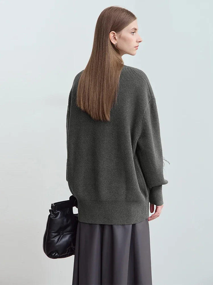 Damen-Rundhalspullover Perlen Strassapplikation locker Winter