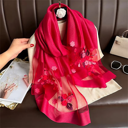Damen Seiden-Woll Schal Blumenstickerei Hijab Frühling Sommer Pashmina Kopftuch