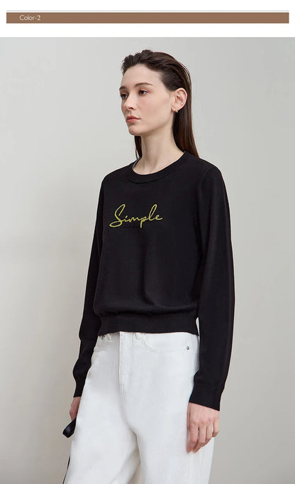Schwarzes Langarm-T-Shirt mit „Simple“-Schriftzug, Rundhalsausschnitt, schlicht