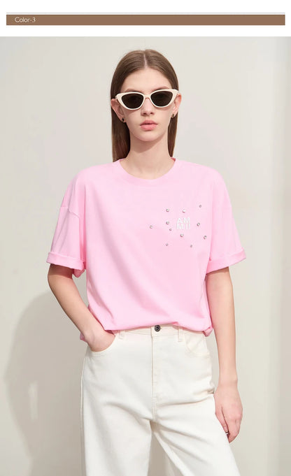 Damen T-Shirts im Minimalismus-Stil mit Stickerei und lässigen Ärmeln
