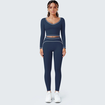 Damen-Yogaset mit Langarmoberteil und Leggings, dunkelblau, mit Kontrastband