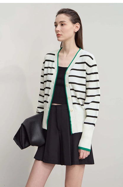 Damen-Strickjacke Streifen V-Ausschnitt locker Wolle Herbst-Winter