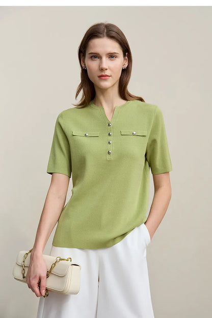 Kurzärmeliger Pullover mit Halbknopfleiste, grüner Stoff, Knopfleiste vorn