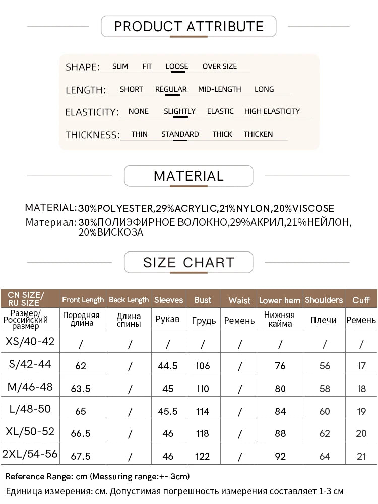 Größen- und Materialtabelle für einen Pullover: Schnitt, Material und Maße