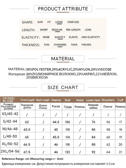 Größen- und Materialtabelle für einen Pullover: Schnitt, Material und Maße
