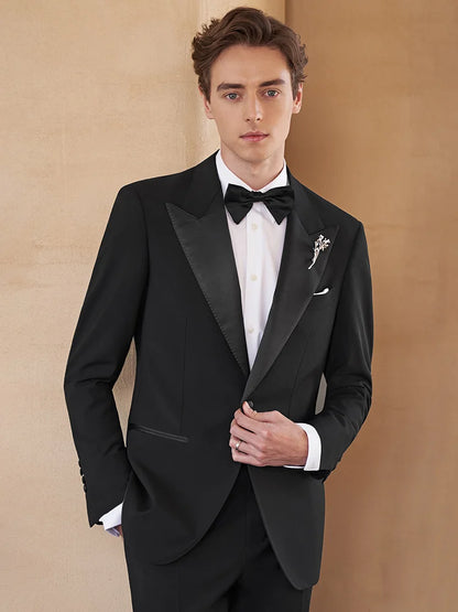 Eleganter Herrenanzug aus 30% Wolle: Schwarzer Slim Fit Ein-Knopf-Blazer für Hochzeiten und Feiern