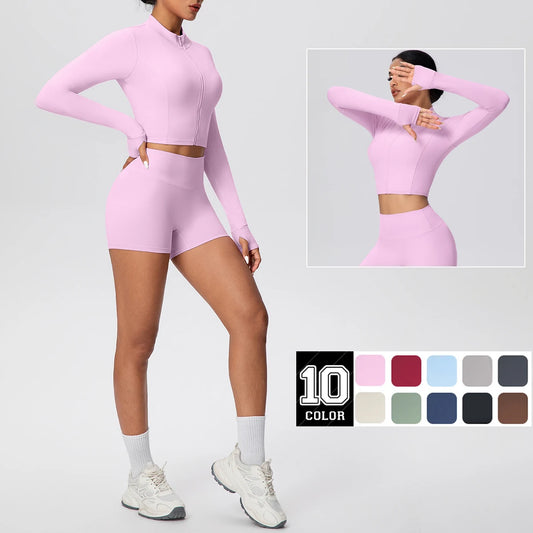 Yoga-Sportset Damen: langarmiges Crop-Top mit Reißverschluss und High-Waist-Shorts in Hellrosa