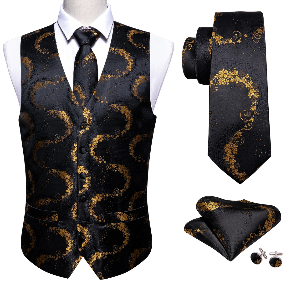 Herren-Seidenweste dunkel mit goldfarbenem Paisley-Muster, Knopfleiste und Revers