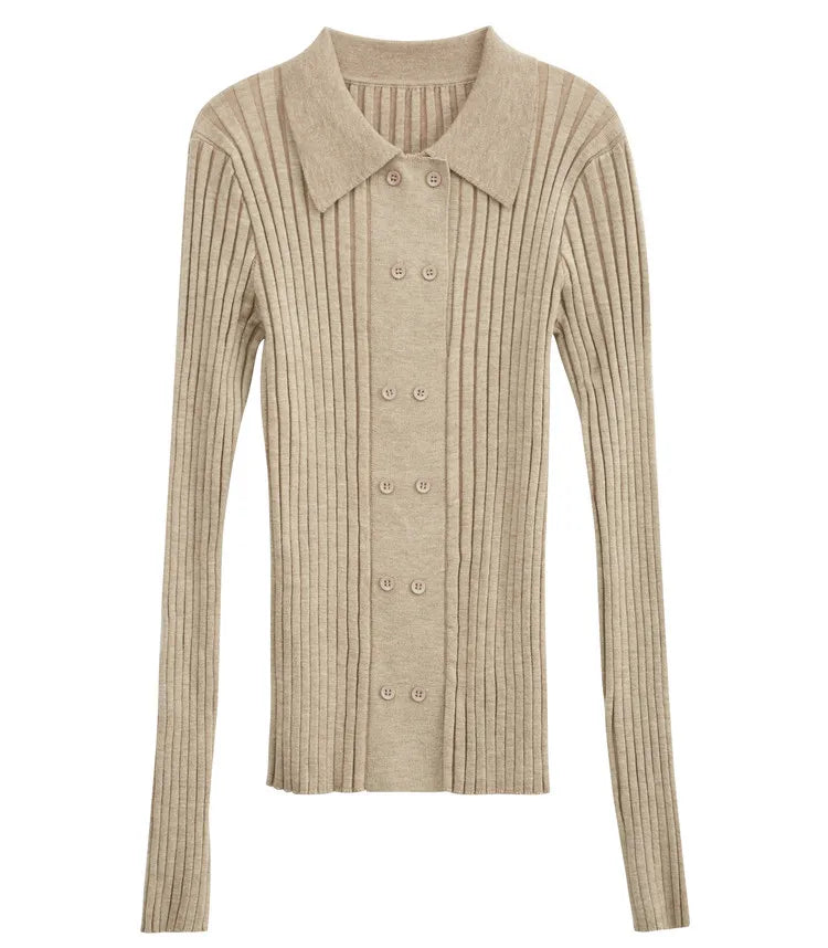Damen-Strickjacke Polokragen Slim doppelreihig Wolle-Mix Frühling-Herbst