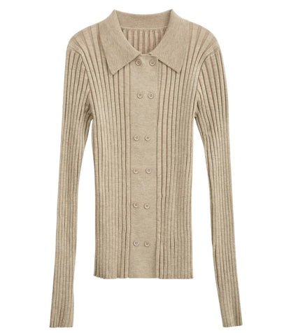 Damen-Strickjacke Polokragen Slim doppelreihig Wolle-Mix Frühling-Herbst