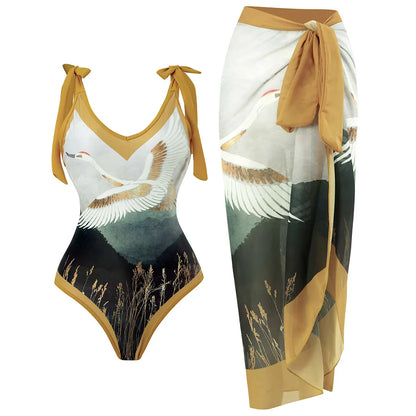 Damen Badeanzug Leopard Spleiß V-Ausschnitt mit Rock Monokini