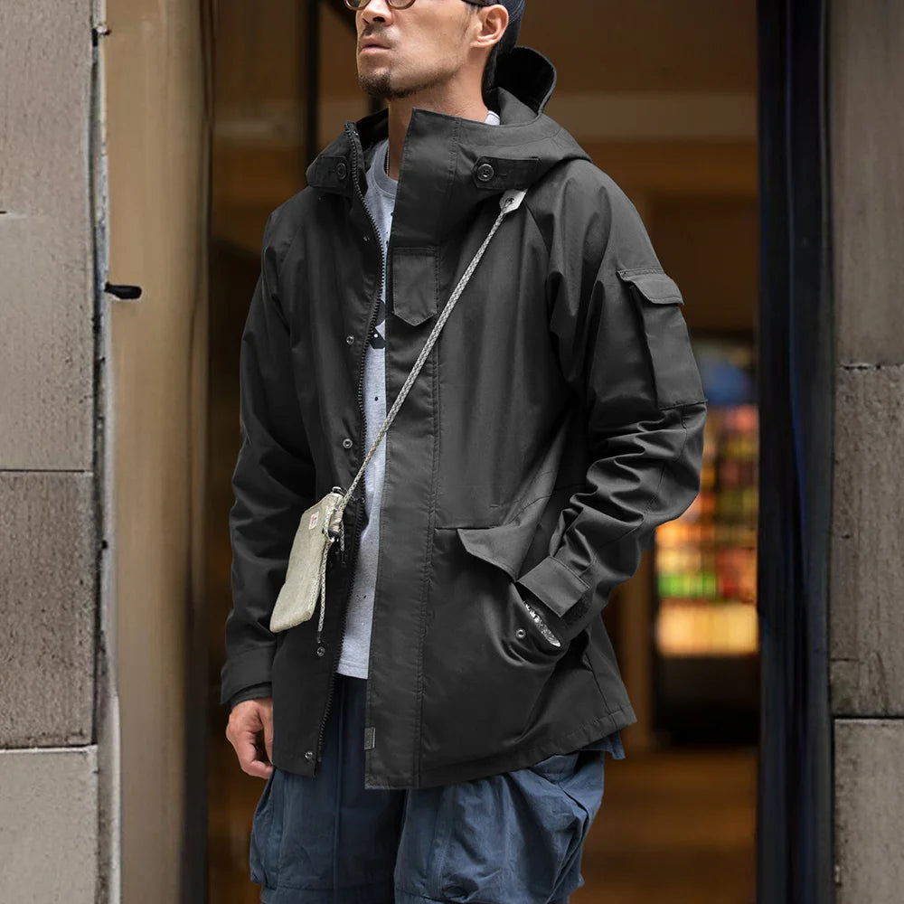 Herren Outdoor Sport Kapuzenjacke Windjacke Motorrad Stil Mittellanger Mantel Taschen Herbst