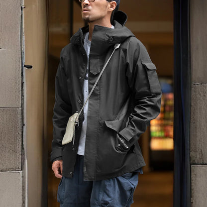 Herren Outdoor Sport Kapuzenjacke Windjacke Motorrad Stil Mittellanger Mantel Taschen Herbst