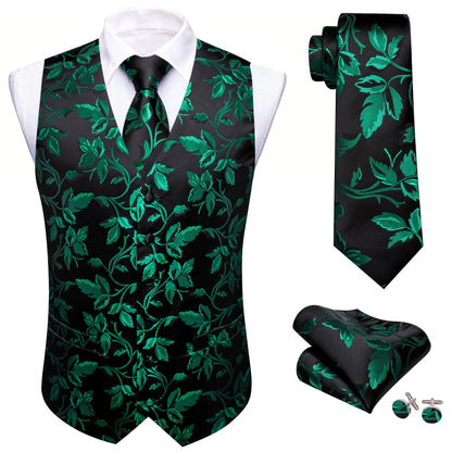 Herrenweste Vierer-Set: schwarze Weste mit grünem Blumenmuster, Krawatte & Einstecktuch