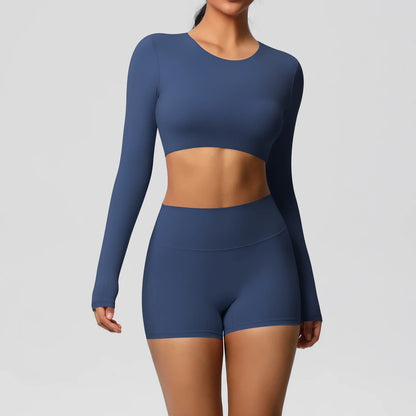 Damen Yoga-Set mit langarmigem Crop-Top und High-Waist-Shorts, dunkelblau