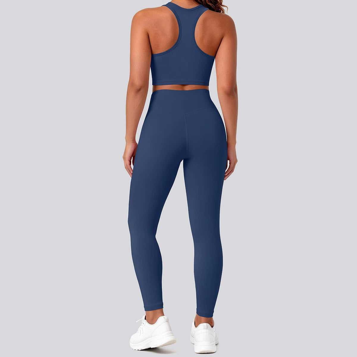 Blaues nahtfreies Yoga-Set: Racerback-Sport-BH und High-Waist-Leggings