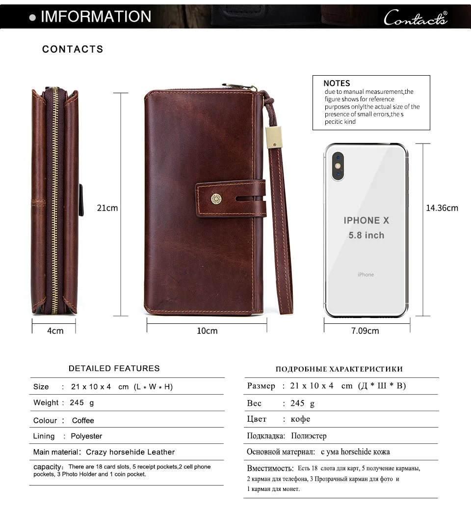Herren Echtleder Clutch Lange Vintage Geldbörse Reißverschluss Kartenhalter Münzfach
