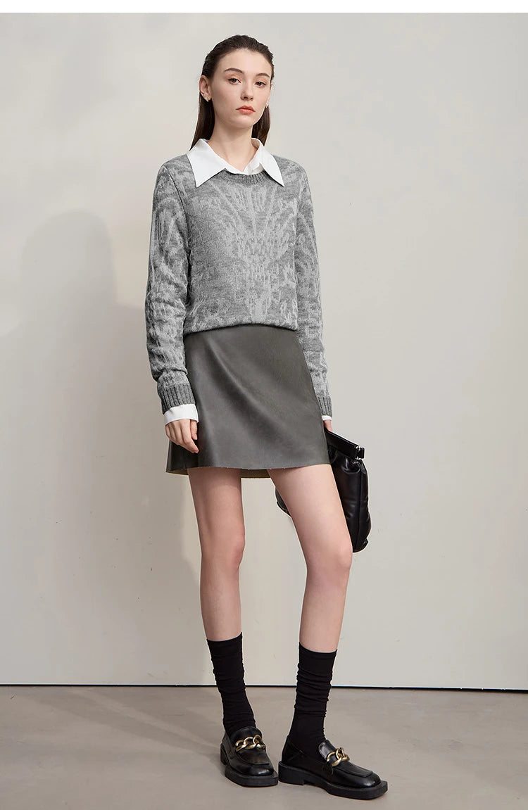 Damenpullover grau aus Strick mit Rundhalsausschnitt, Langarm und Jacquard-Muster