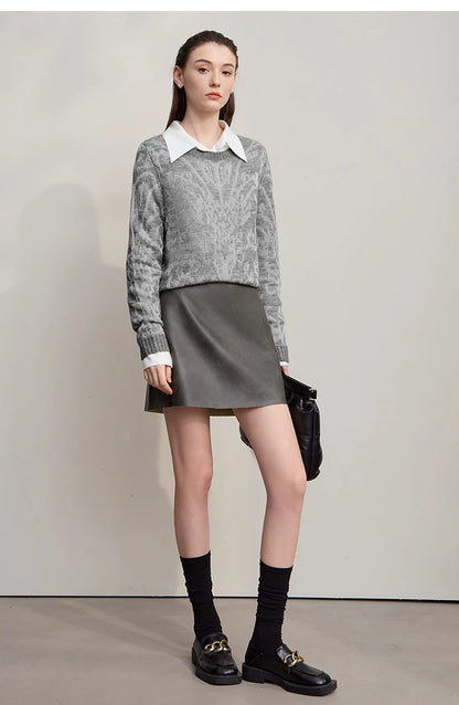 Damenpullover grau aus Strick mit Rundhalsausschnitt, Langarm und Jacquard-Muster