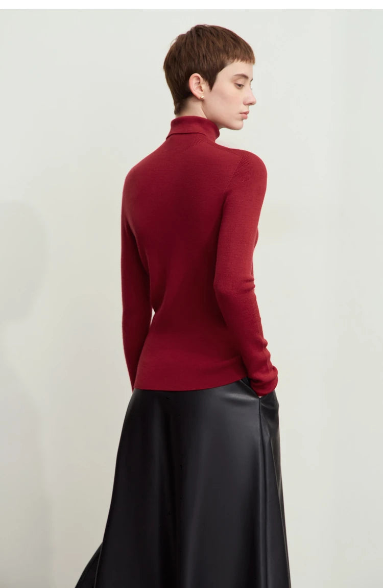 Damen-Rollkragenpullover 100 % Wolle Kammgarn schlank Winter