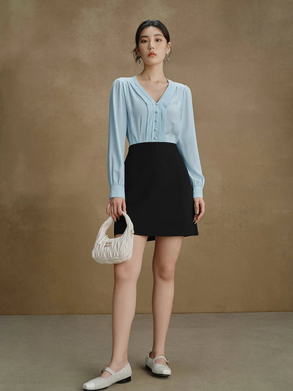 Elegante Damenbluse mit V-Ausschnitt – Schlanke Passform in Gelb oder Blau für stilvolle Herbst-Looks