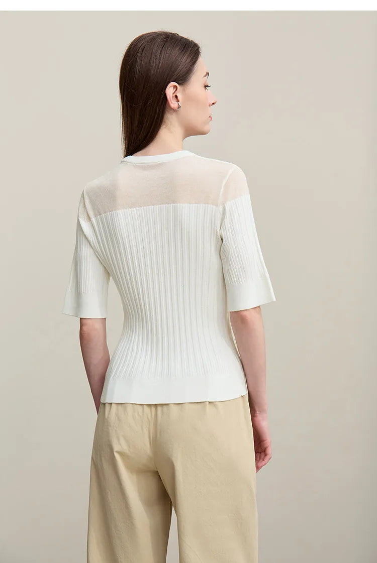Damen-Stricktop, cremefarben/weiß, Rückansicht, halbarm, transparente Mesh-Einsätze an Schultern