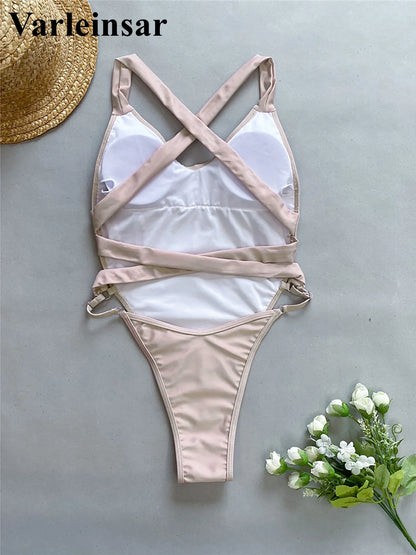 Damen Badeanzug Spleiß V-Ausschnitt Kreuzrücken hoher Beinausschnitt Monokini
