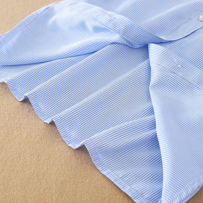 Mädchen-Langarmshirt, Kinder-Bluse mit Spitzenkragen, passend für Kinder im Alter von 5 bis 12 Jahren, 100 % Baumwolle, blau gestreifte Kleidung für Kinder