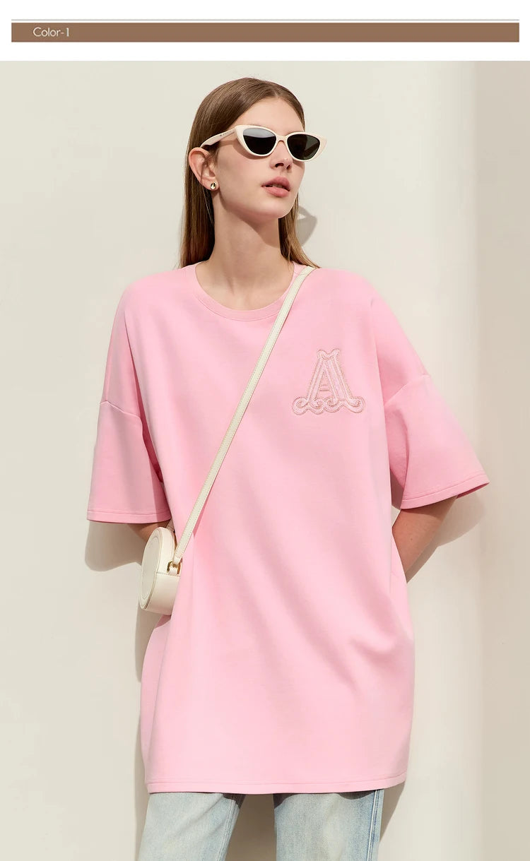 Damen Rundhals-T-Shirt im minimalistischen Stil mit lässiger Stickerei und kurzen Ärmeln