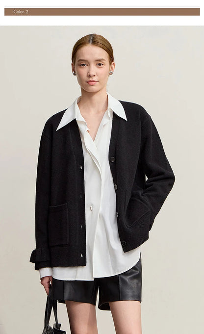 Damen-Strickjacke Wolle V-Ausschnitt Pendler einreihig locker Winter