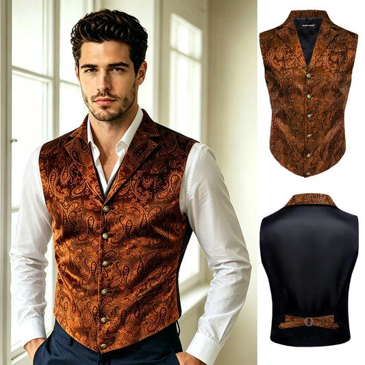 Herrenweste aus Feinwolle mit Paisley-Muster, braun-orange, Revers und Knopfleiste