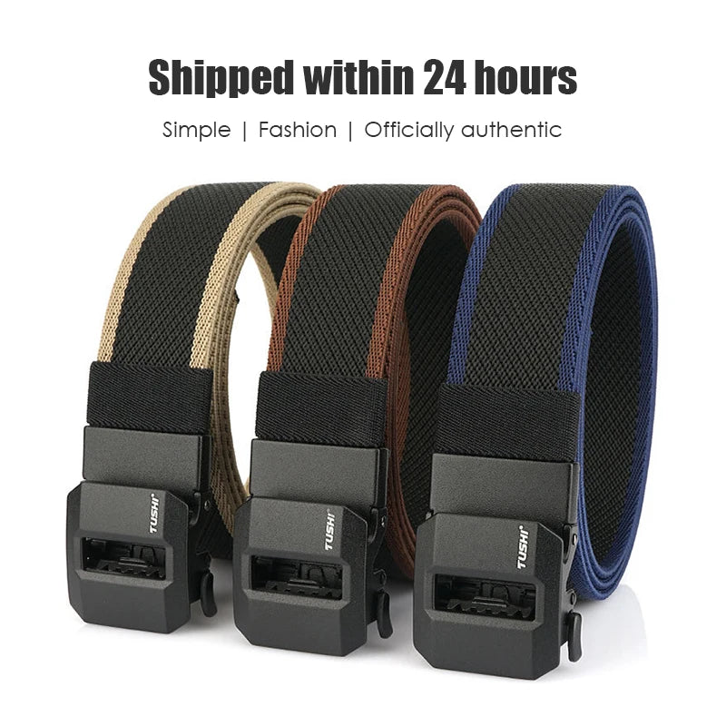 Unisex-Gürtel aus elastischem Nylon mit mattschwarzer Schnalle in 38 mm Breite und Tragekomfort