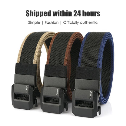 Unisex-Gürtel aus elastischem Nylon mit mattschwarzer Schnalle in 38 mm Breite und Tragekomfort