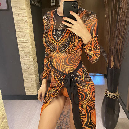 Damen-Badeanzug 3-teilig Print Langarm Sarong-Set gepolstert