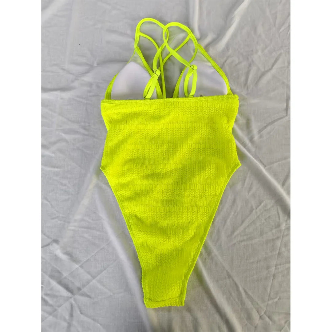 Damen-Badeanzug V-Ausschnitt Mesh High-Leg Monokini 5 Farben