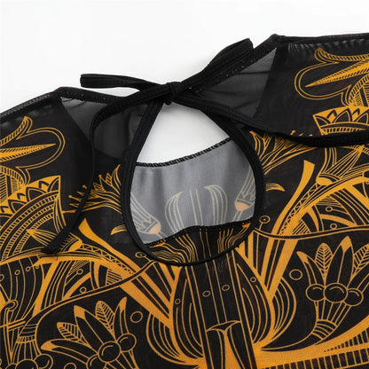 Damen-Badeanzug 3-teilig Print Langarm Sarong-Set gepolstert