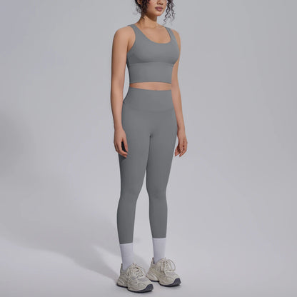 Damen-Yoga-Set: graues Trainings-Top mit breitem Ausschnitt und Leggings