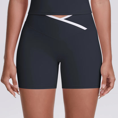 Damen-Yoga-Shorts, hochtailliert, dunkelblau, Rückenansicht mit weißem Zierband im Schrittbereich