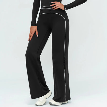 Damen Yoga-Hose mit hoher Taille, weitem Bein, schwarz mit hellen Kontrastnähten