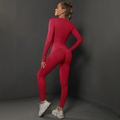 Nahtloses Yoga-Set: Langarm-Crop-Top und High-Waist-Leggings, weinrot