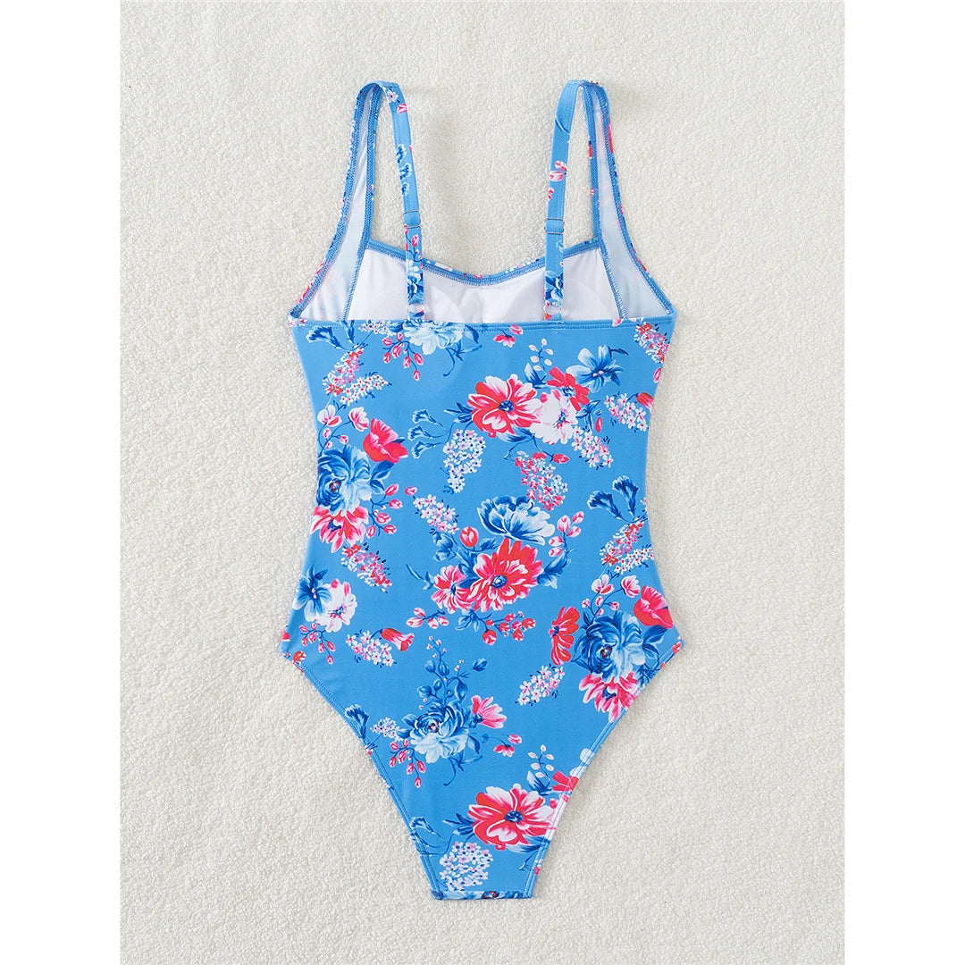 Damen Badeanzug Blumen gedruckt gerüscht hoher Beinausschnitt Monokini